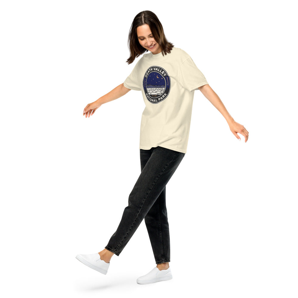 Death Valley National Park vintage night sky badge t-shirt in ivory worn by a model, front view