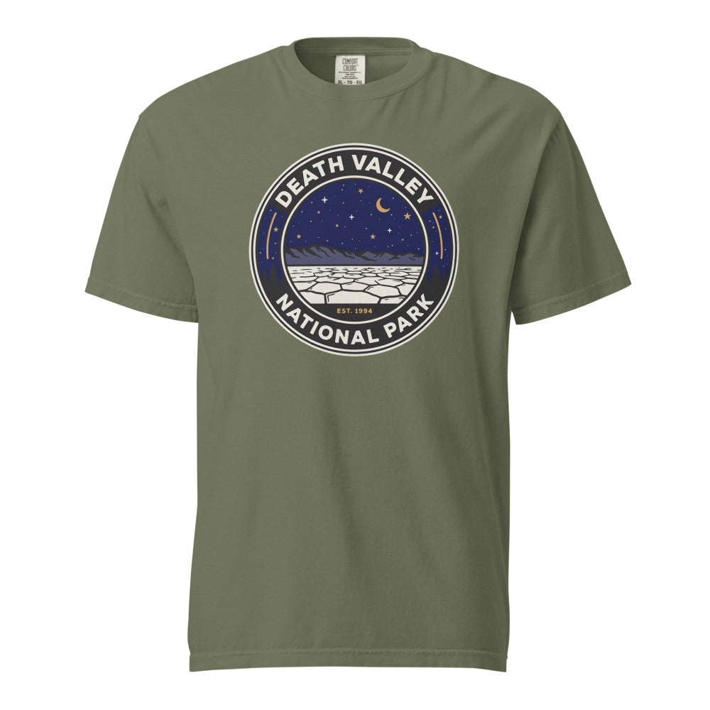 Death Valley National Park vintage night sky badge t-shirt in moss, front view of the garment-dyed heavyweight tee