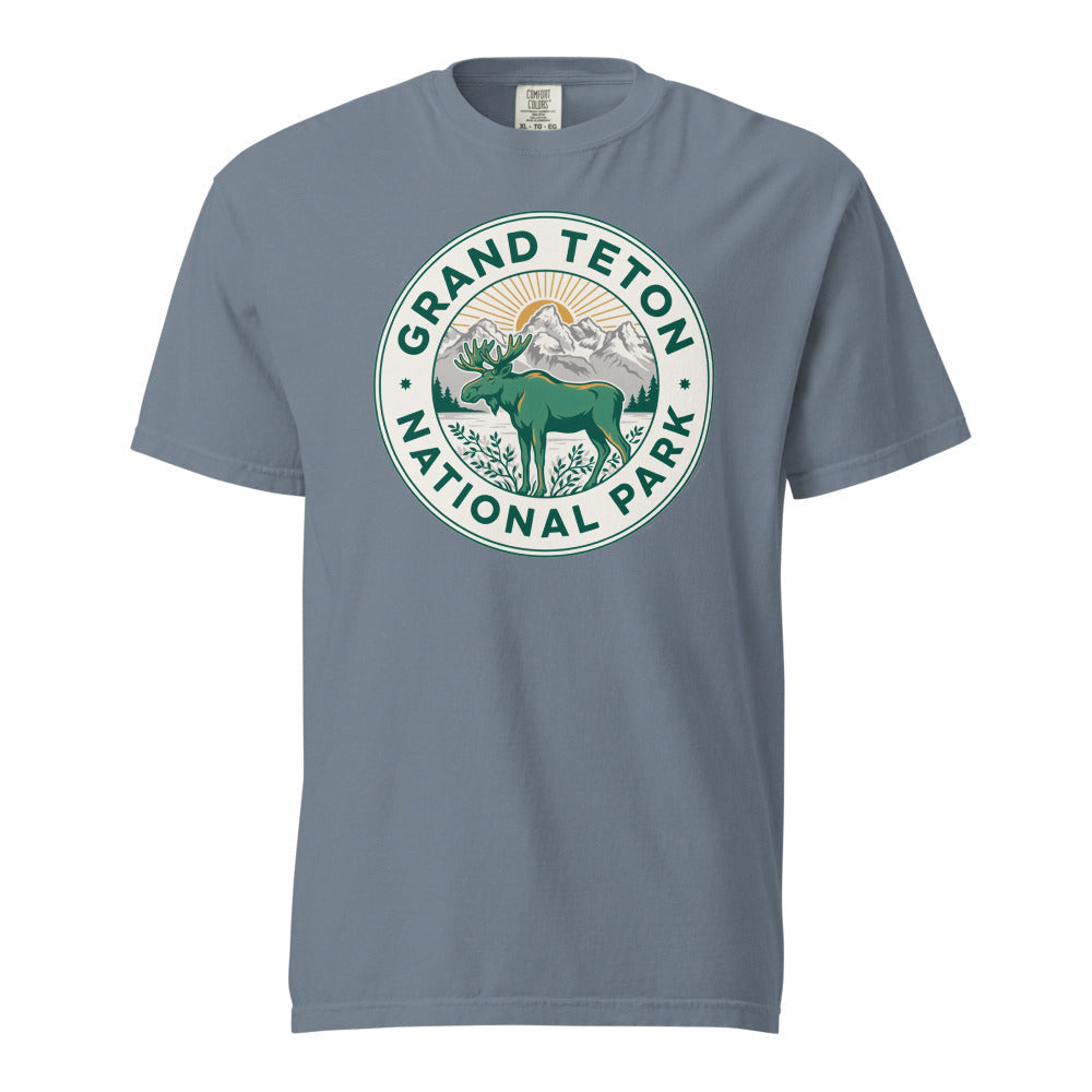 Grand Teton National Park vintage moose badge t-shirt in blue jean, front view of the garment-dyed heavyweight tee