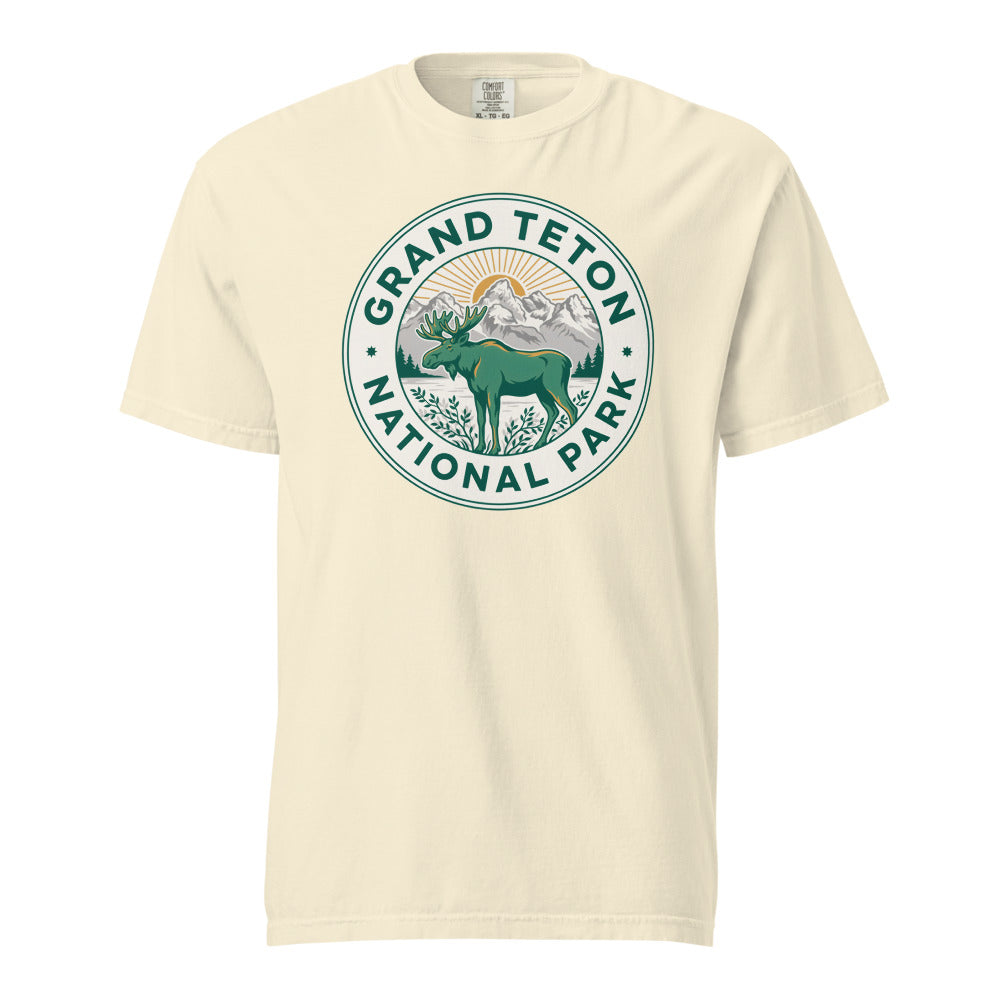 Grand Teton National Park vintage moose badge t-shirt in ivory, front view of the garment-dyed heavyweight tee
