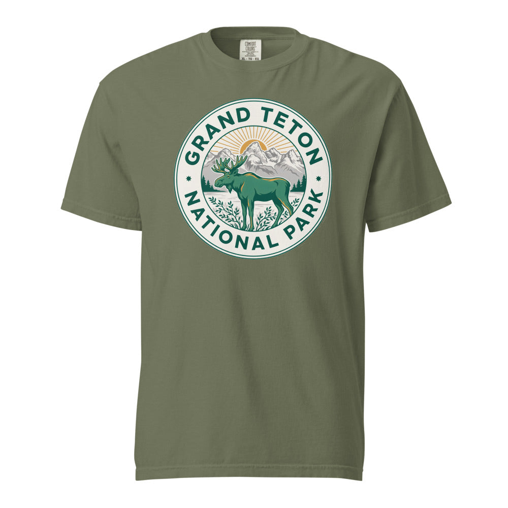 Grand Teton National Park vintage moose badge t-shirt in moss, front view of the garment-dyed heavyweight tee