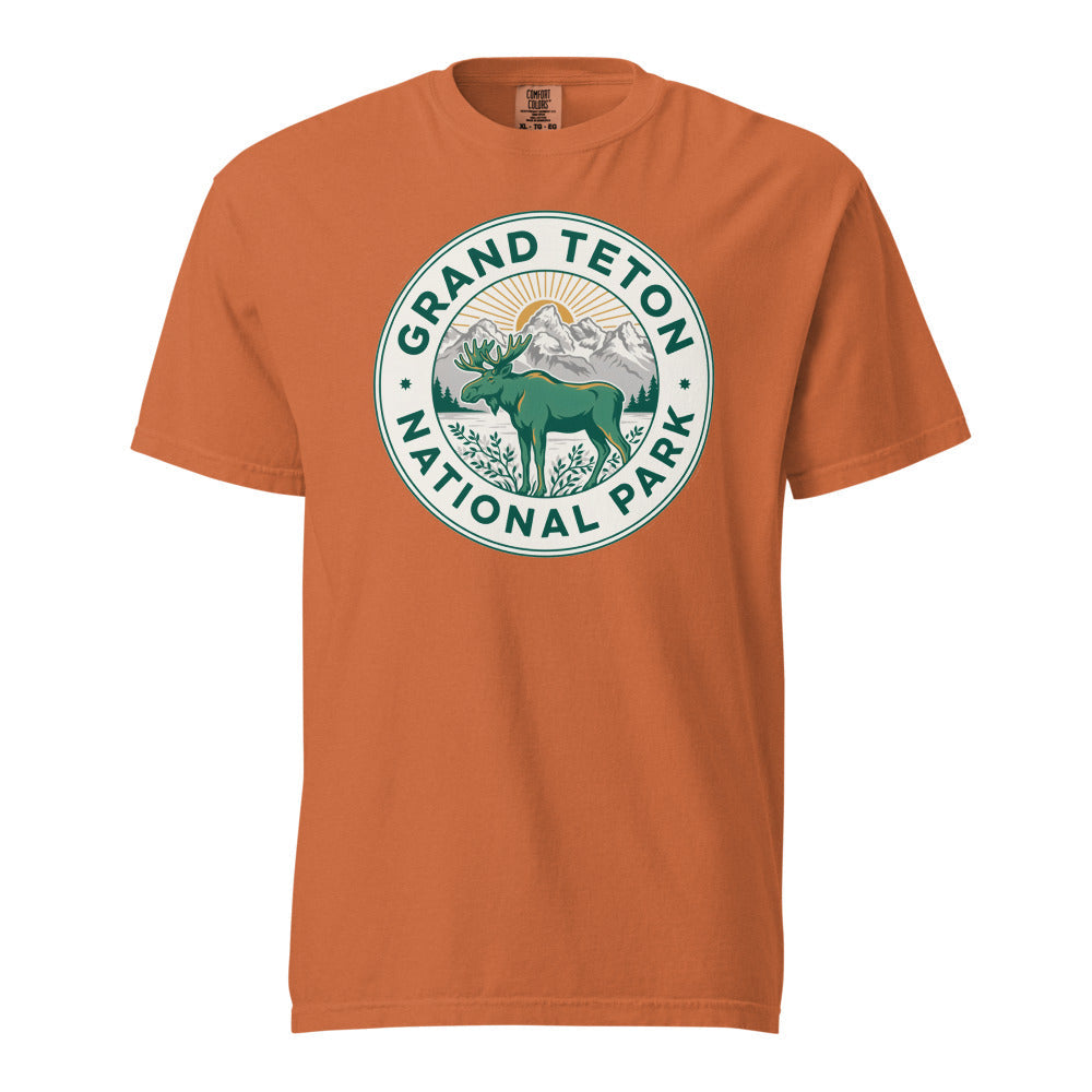 Grand Teton National Park vintage moose badge t-shirt in yam, front view of the garment-dyed heavyweight tee