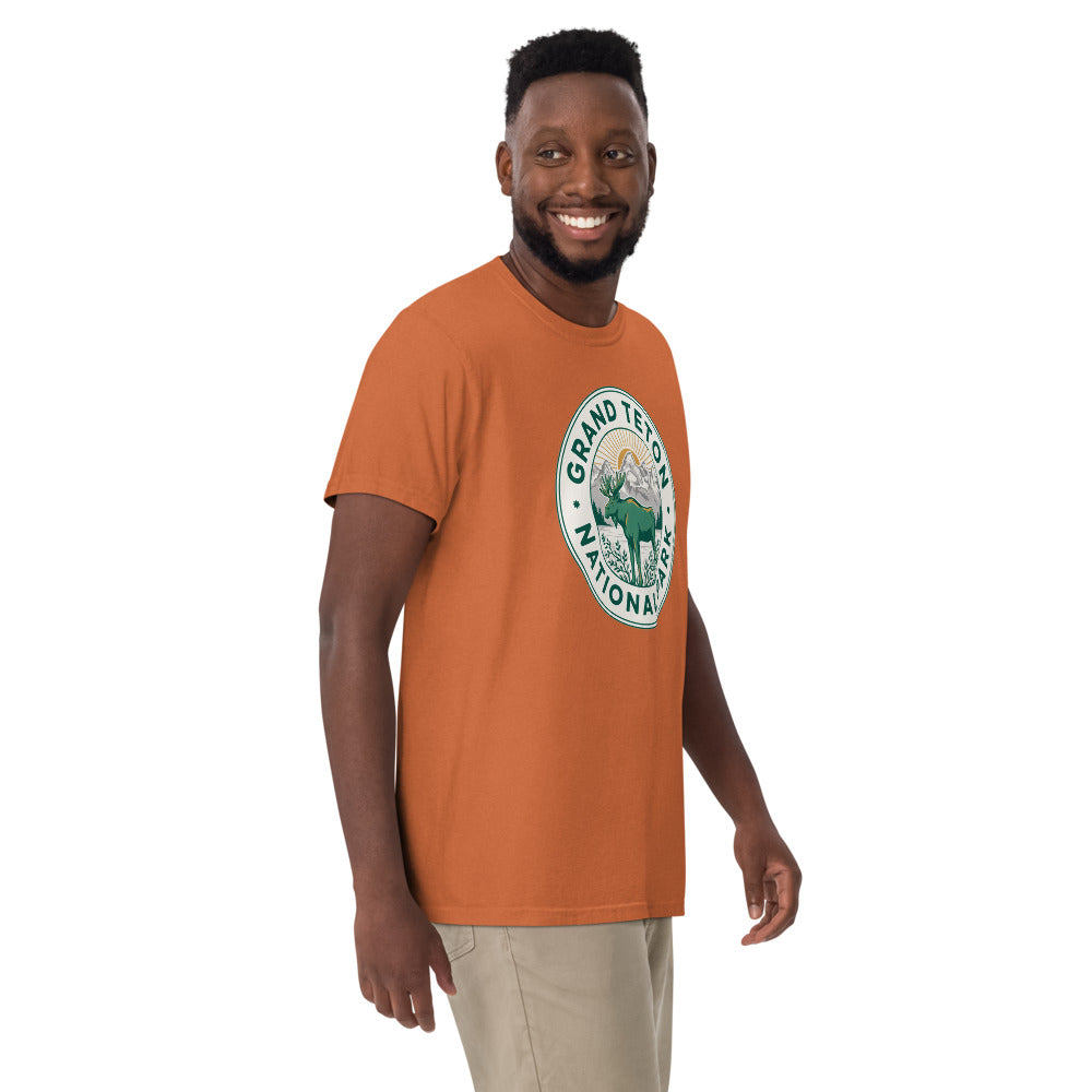 Grand Teton National Park vintage moose badge t-shirt in yam worn by a model, front view