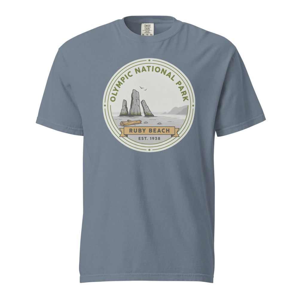 Olympic National Park vintage Ruby Beach badge t-shirt in blue jean, front view of the garment-dyed heavyweight tee