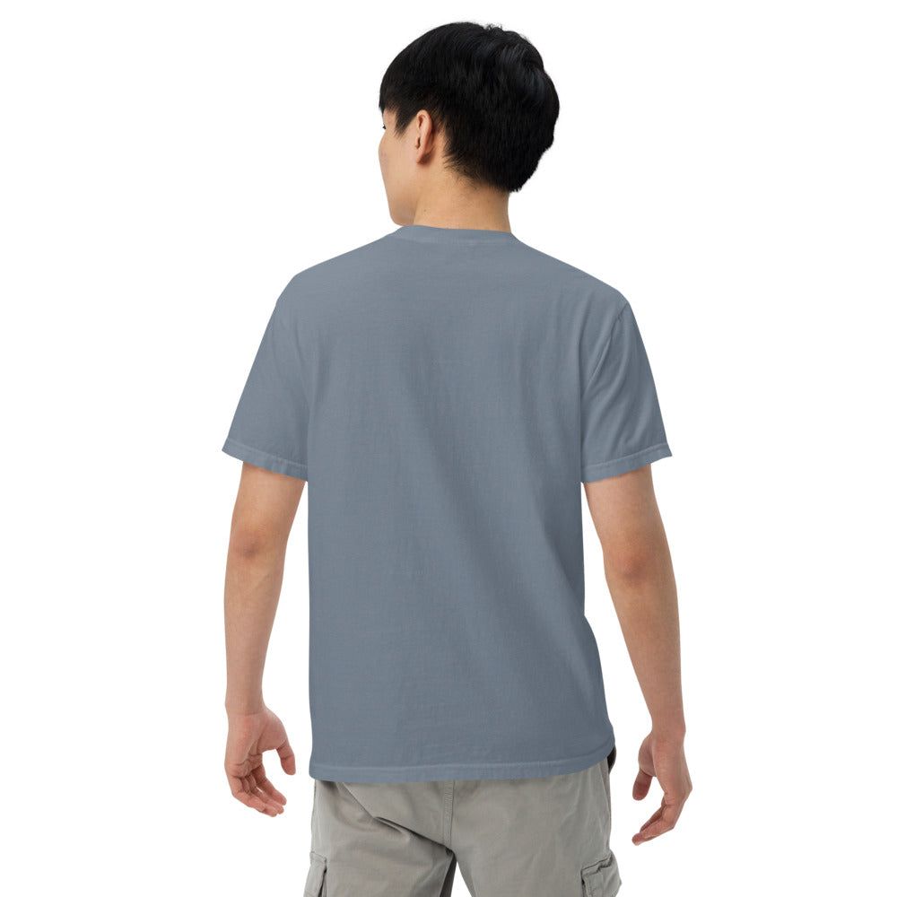 Olympic National Park vintage Ruby Beach badge t-shirt in blue jean worn by a model, back view