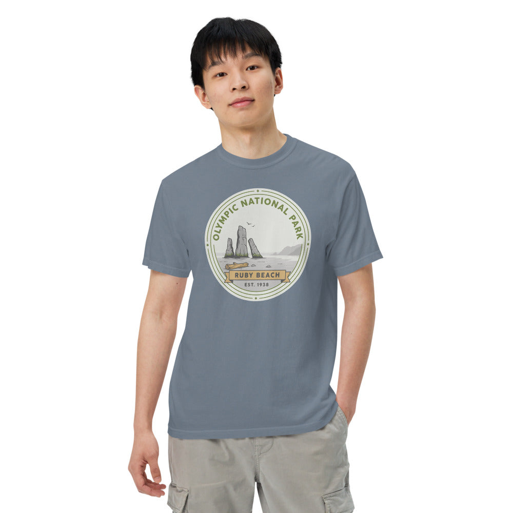 Olympic National Park vintage Ruby Beach badge t-shirt in blue jean worn by a model, front view, second angle