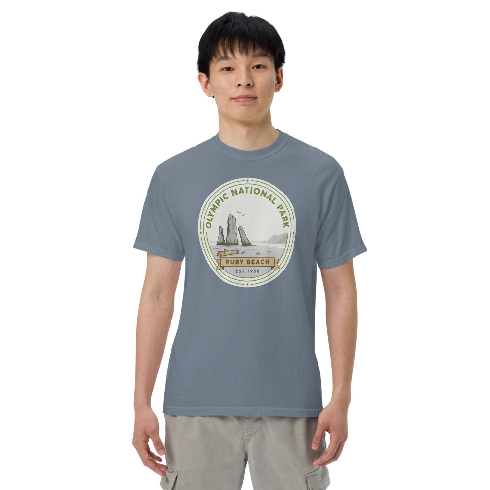 Olympic National Park vintage Ruby Beach badge t-shirt in blue jean worn by a model, front view