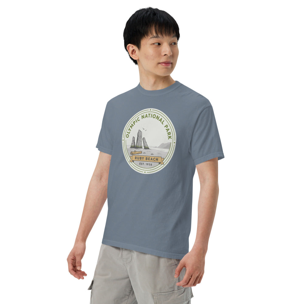 Olympic National Park vintage Ruby Beach badge t-shirt in blue jean worn by a model, left-front angle