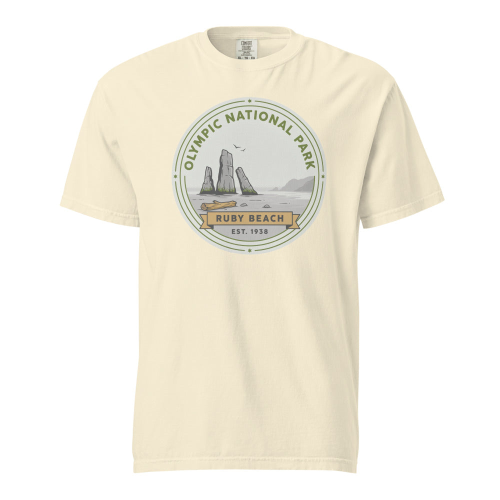 Olympic National Park vintage Ruby Beach badge t-shirt in ivory, front view of the garment-dyed heavyweight tee