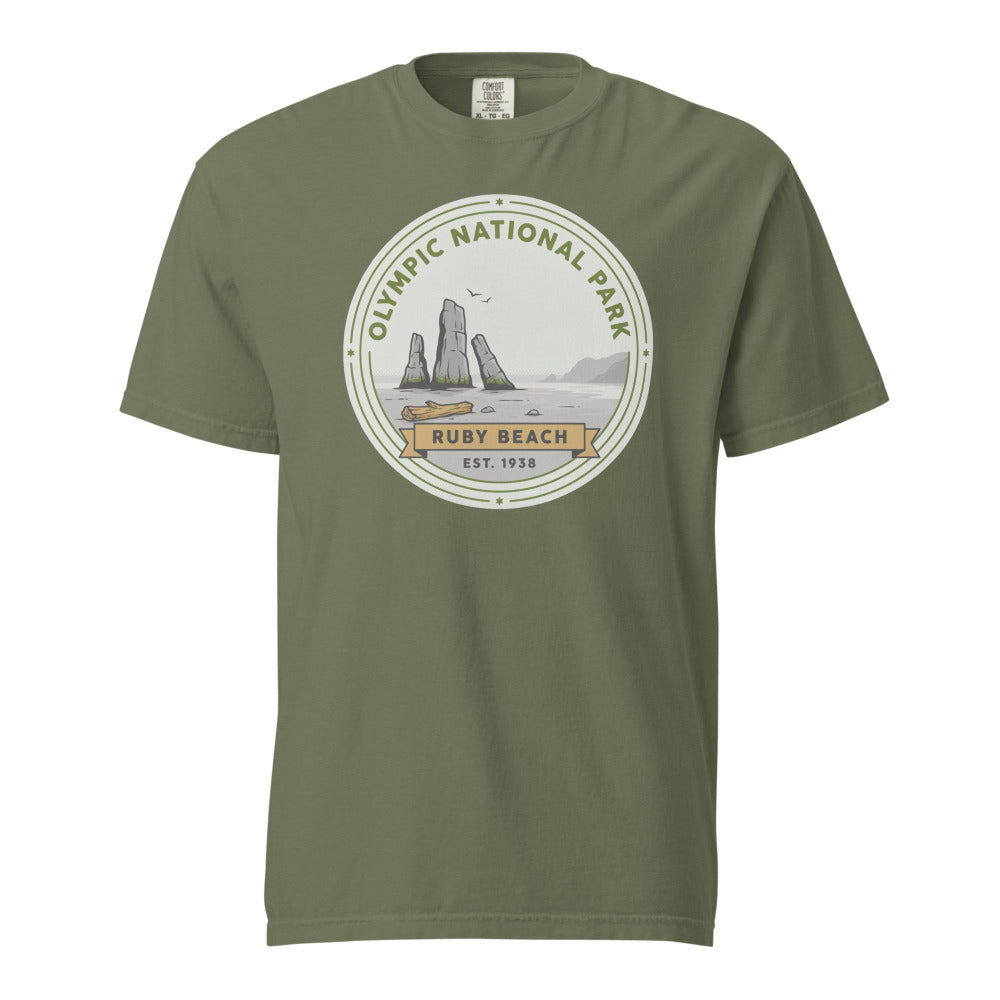 Olympic National Park vintage Ruby Beach badge t-shirt in moss, front view of the garment-dyed heavyweight tee