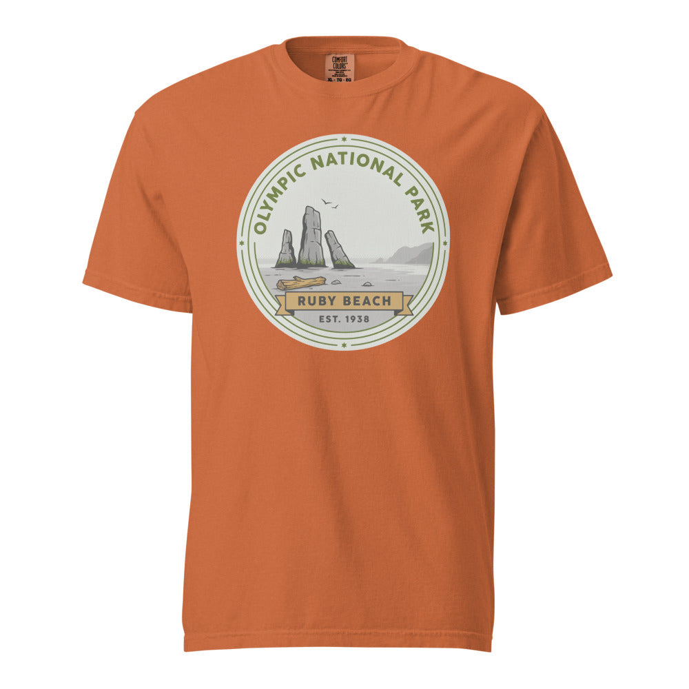 Olympic National Park vintage Ruby Beach badge t-shirt in yam, front view of the garment-dyed heavyweight tee