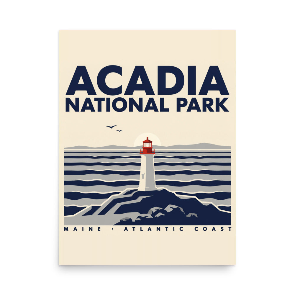 Acadia National Park vintage-style poster, 18 by 24 inch unframed matte print showing a lighthouse on the rocky Maine Atlantic coast