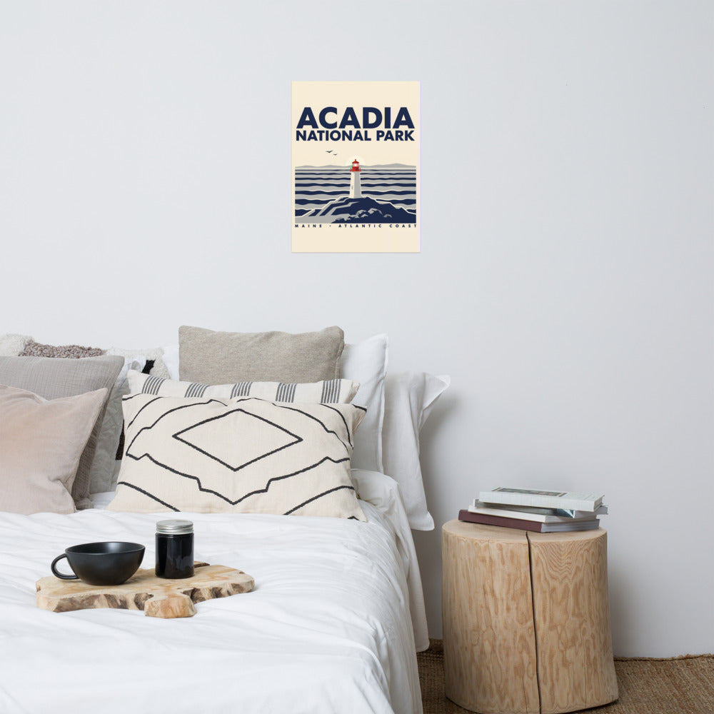 Acadia National Park vintage poster hanging above a bed in a neutral bedroom