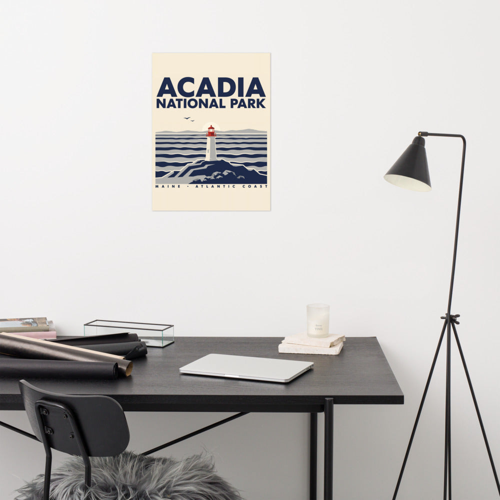 Acadia National Park vintage poster hanging above a desk in a home office