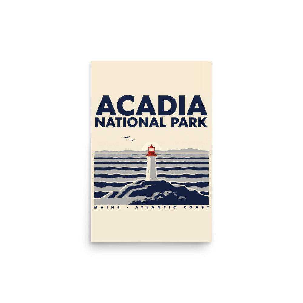 Acadia National Park vintage-style poster, 12 by 18 inch unframed matte print showing a lighthouse on the rocky Maine Atlantic coast