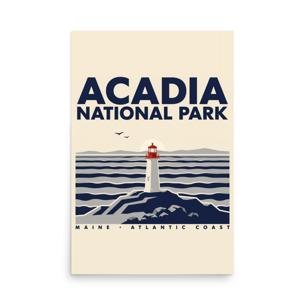 Acadia National Park vintage-style poster, 24 by 36 inch unframed matte print showing a lighthouse on the rocky Maine Atlantic coast