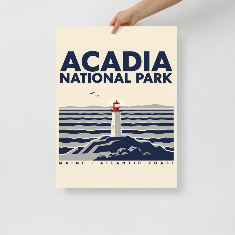 Hand holding the Acadia National Park vintage poster against a plain wall