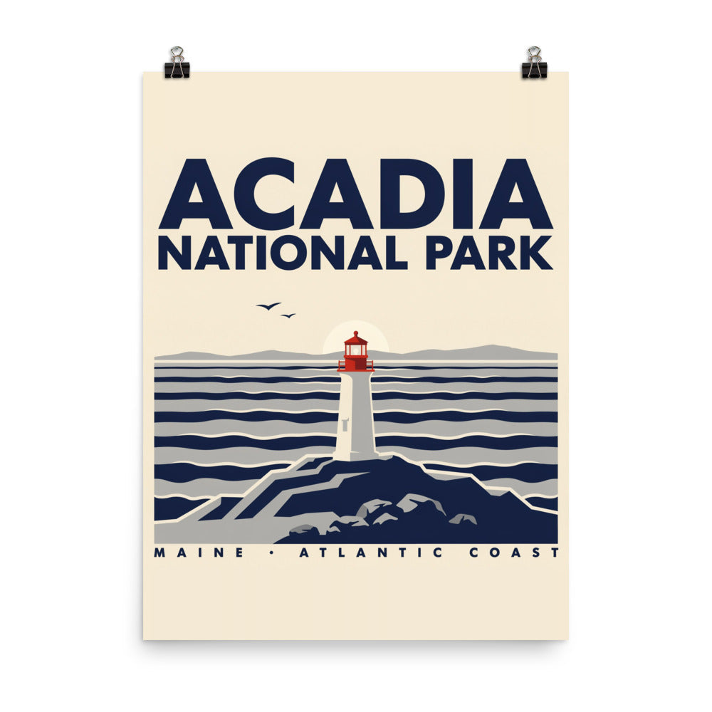 Acadia National Park vintage poster hung from clips against a plain background