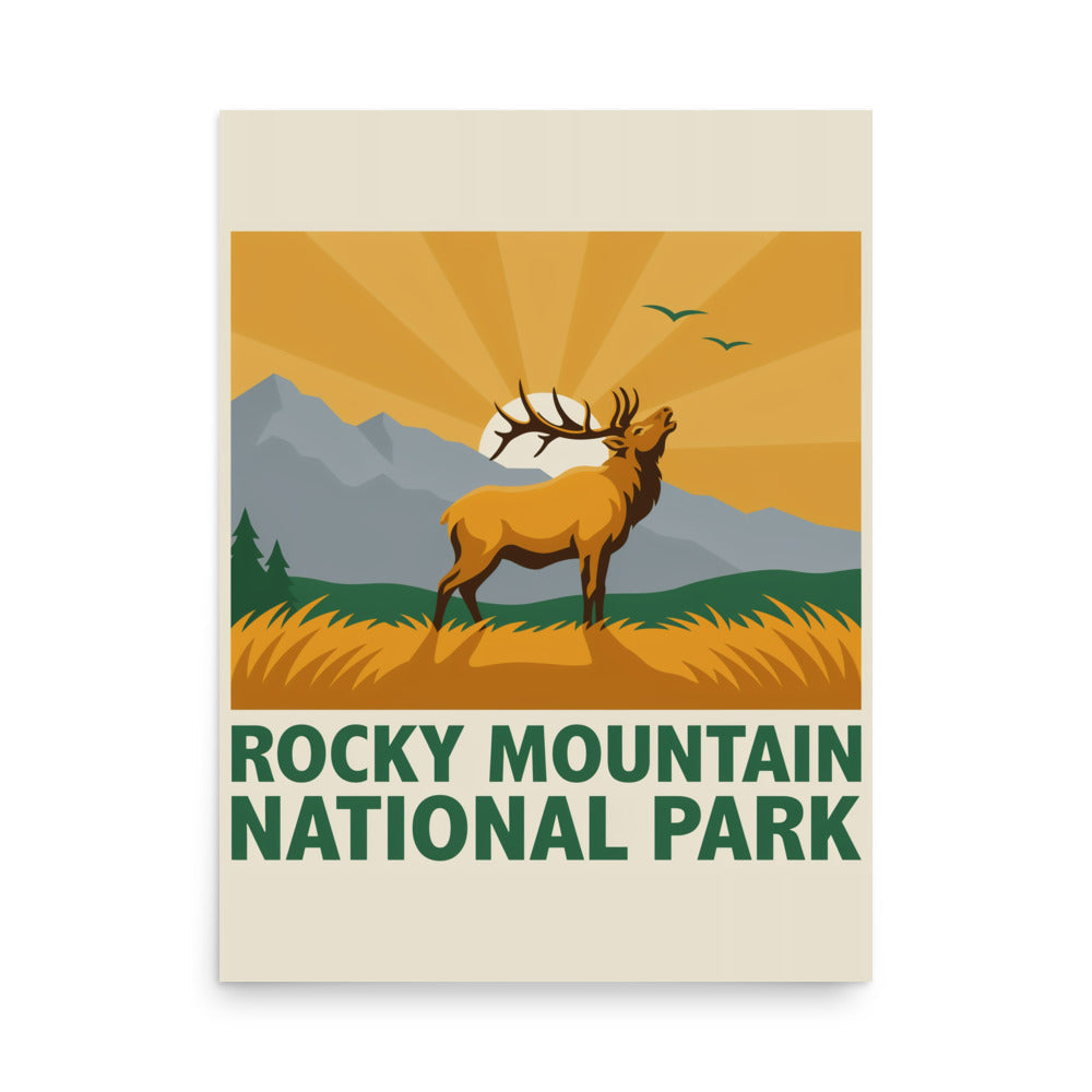 Rocky Mountain National Park vintage-style poster, 18 by 24 inch unframed matte print showing a bugling elk at sunrise in the Colorado Rockies