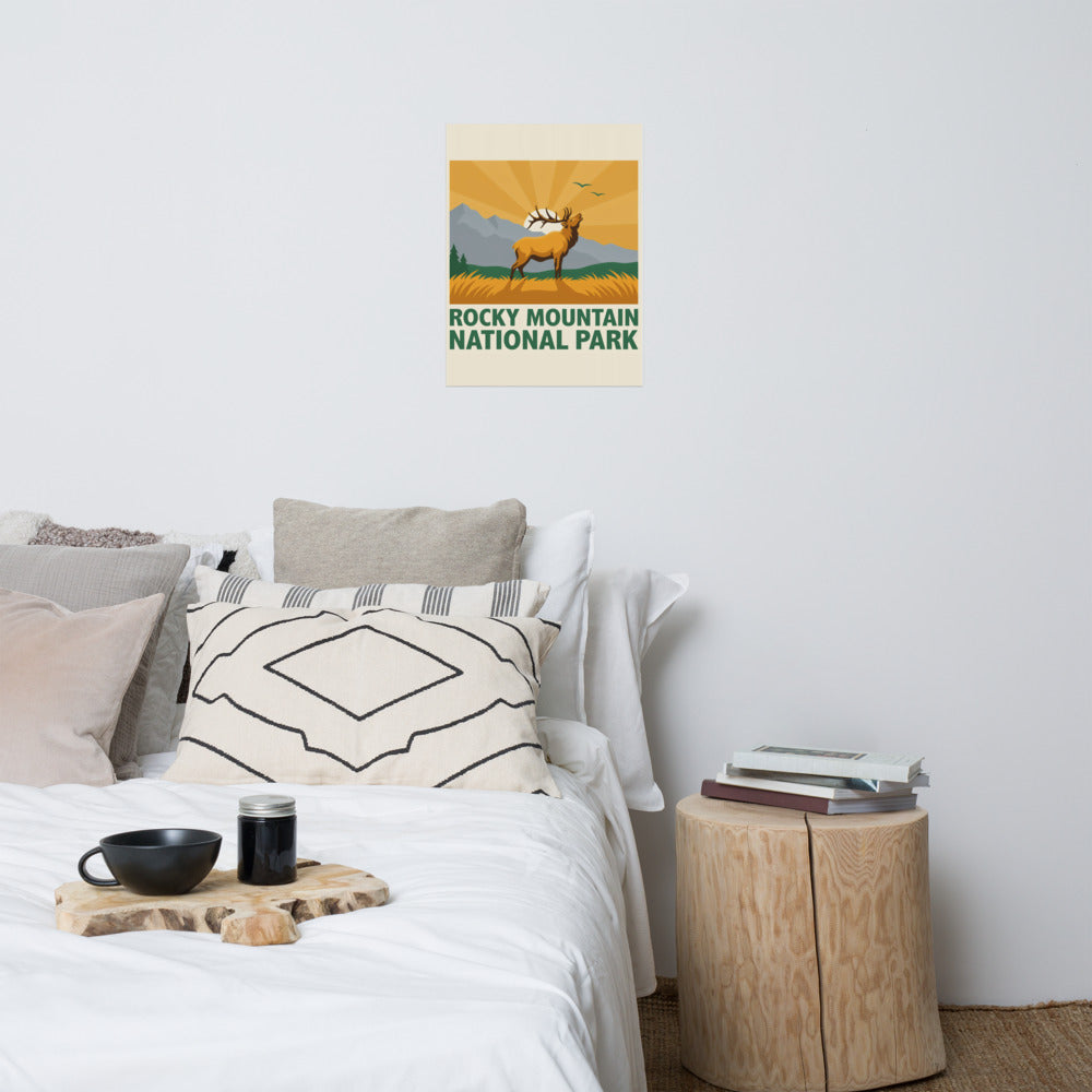 Rocky Mountain National Park vintage poster hanging above a bed in a neutral bedroom
