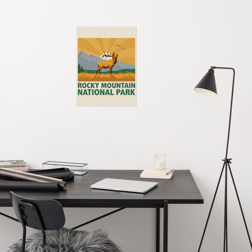 Rocky Mountain National Park vintage poster hanging above a desk in a home office