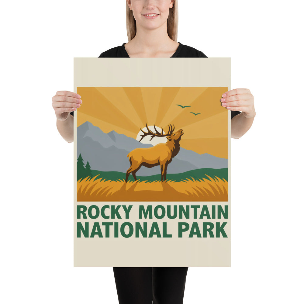 Person holding the Rocky Mountain National Park vintage poster to show its scale