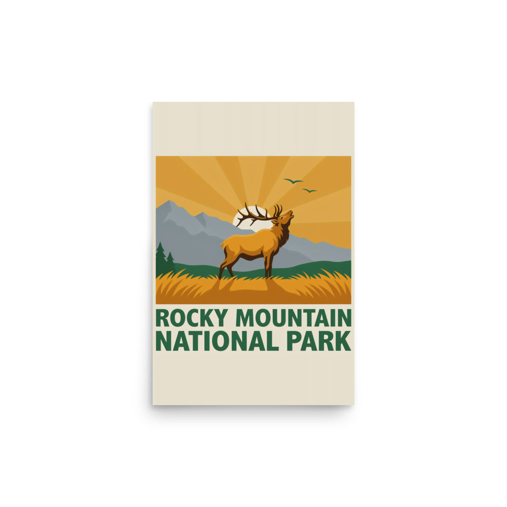 Rocky Mountain National Park vintage-style poster, 12 by 18 inch unframed matte print showing a bugling elk at sunrise in the Colorado Rockies