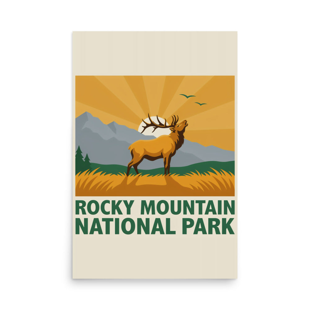 Rocky Mountain National Park vintage-style poster, 24 by 36 inch unframed matte print showing a bugling elk at sunrise in the Colorado Rockies