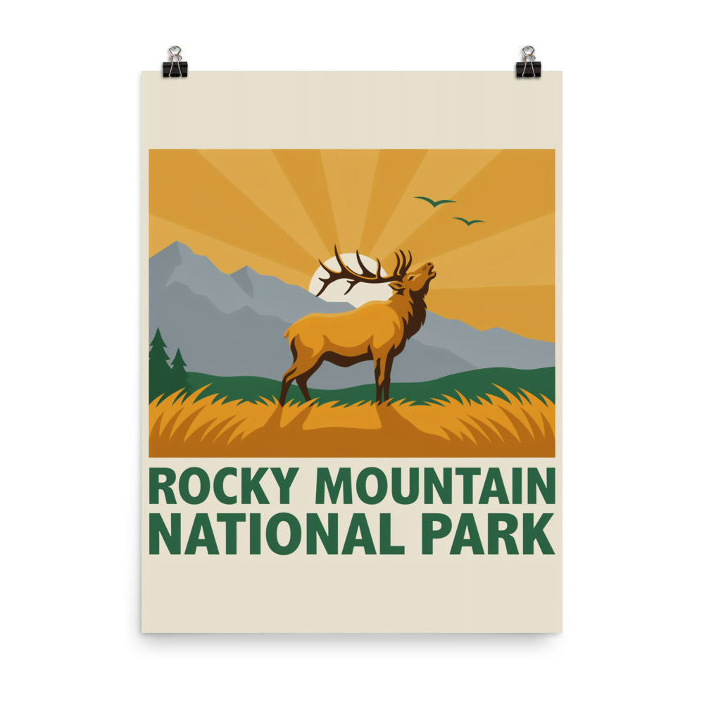 Rocky Mountain National Park vintage poster hung from clips against a plain background