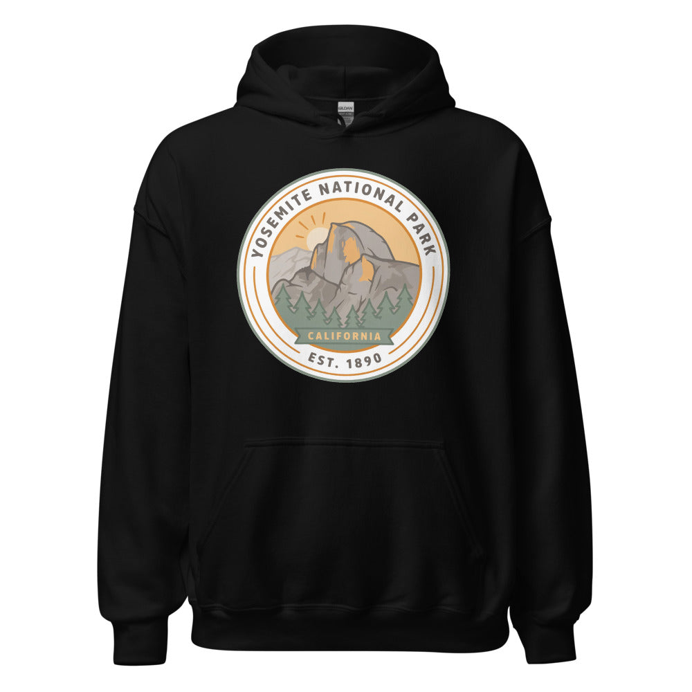 Yosemite National Park vintage Half Dome sunrise badge hoodie in black, front view of the heavyweight pullover