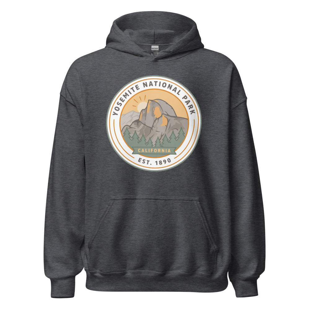 Yosemite National Park vintage Half Dome sunrise badge hoodie in dark heather grey, front view of the heavyweight pullover