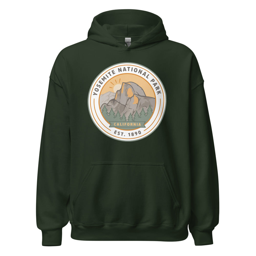 Yosemite National Park vintage Half Dome sunrise badge hoodie in forest green, front view of the heavyweight pullover