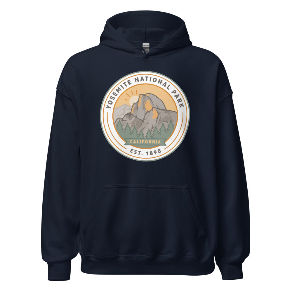 Yosemite National Park vintage Half Dome sunrise badge hoodie in navy, front view of the heavyweight pullover