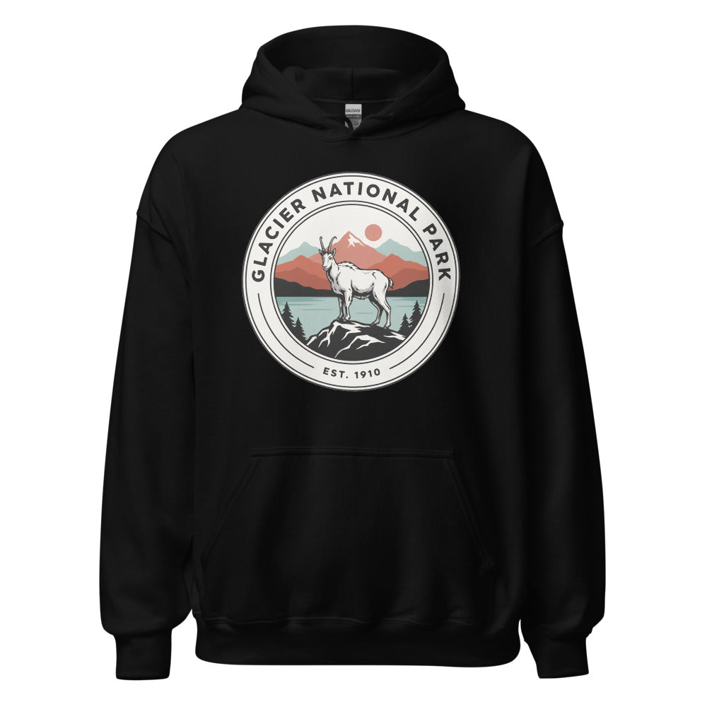 Glacier National Park vintage mountain goat badge hoodie in black, front view of the heavyweight pullover