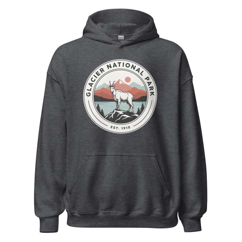 Glacier National Park vintage mountain goat badge hoodie in dark heather grey, front view of the heavyweight pullover