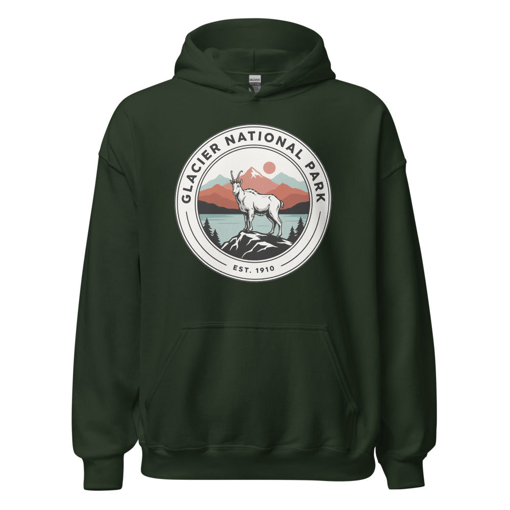 Glacier National Park vintage mountain goat badge hoodie in forest green, front view of the heavyweight pullover