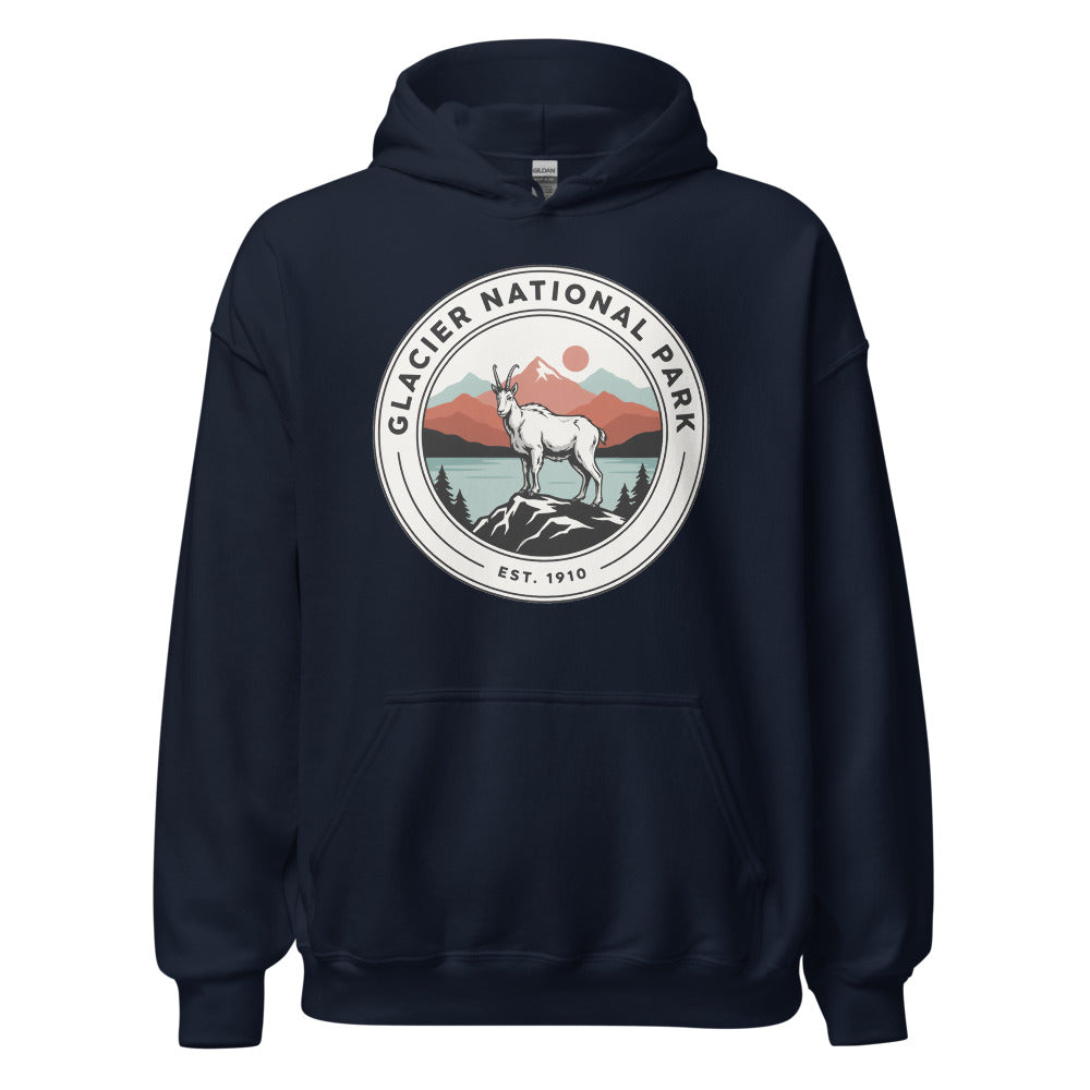 Glacier National Park vintage mountain goat badge hoodie in navy, front view of the heavyweight pullover