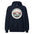 Glacier National Park vintage mountain goat badge hoodie in navy, front view of the heavyweight pullover