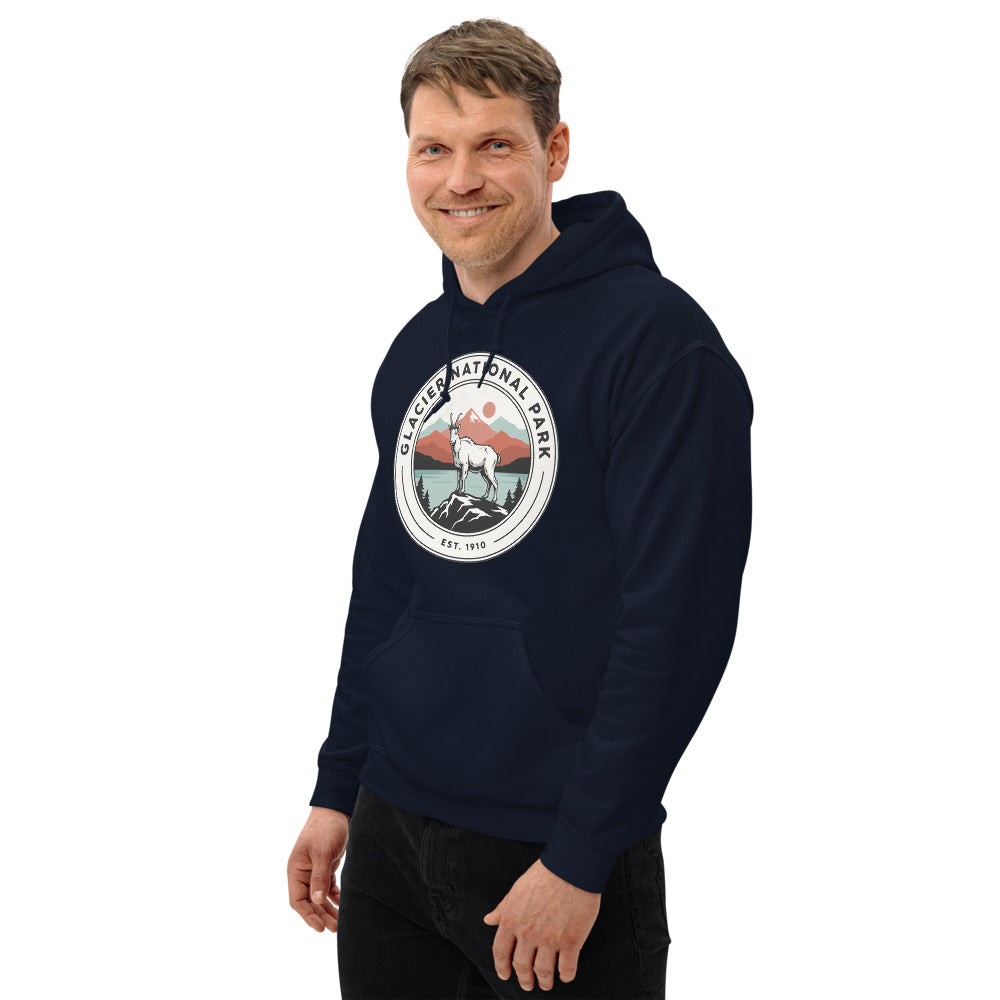 Glacier National Park vintage mountain goat badge hoodie in navy worn by a man, side angle