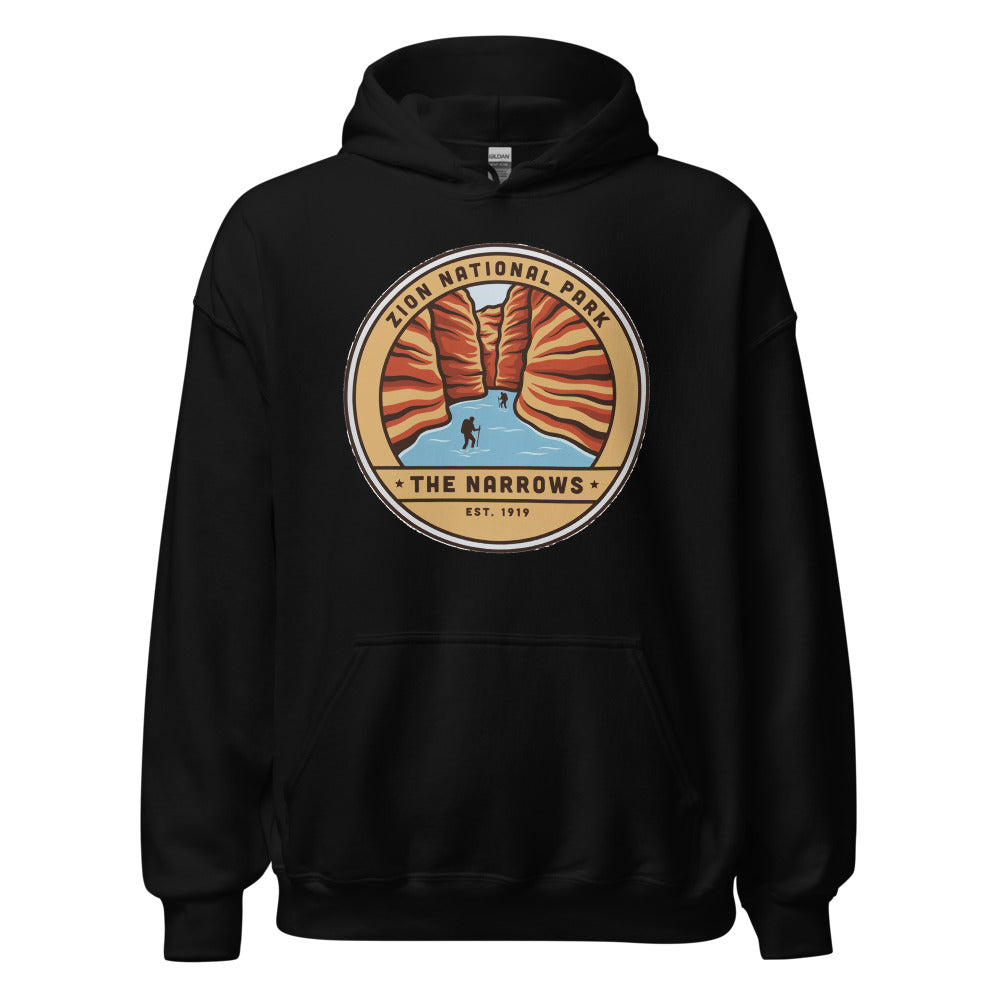 Zion National Park vintage The Narrows canyon badge hoodie in black, front view of the heavyweight pullover