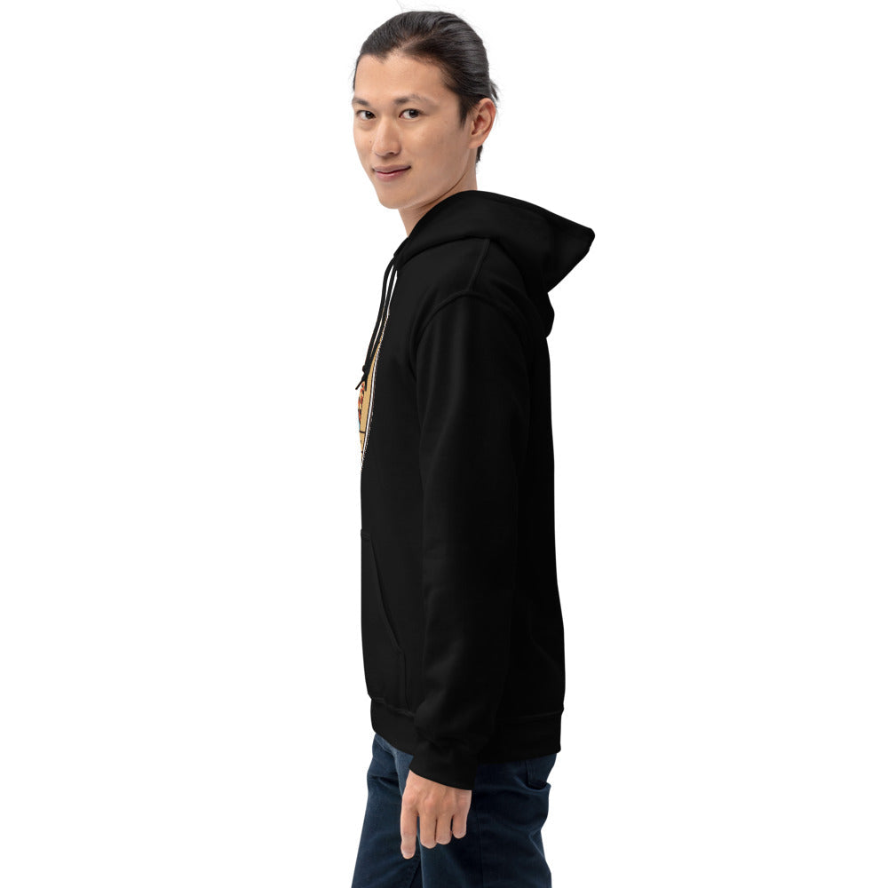 Zion National Park vintage The Narrows canyon badge hoodie in black worn by a man, side angle