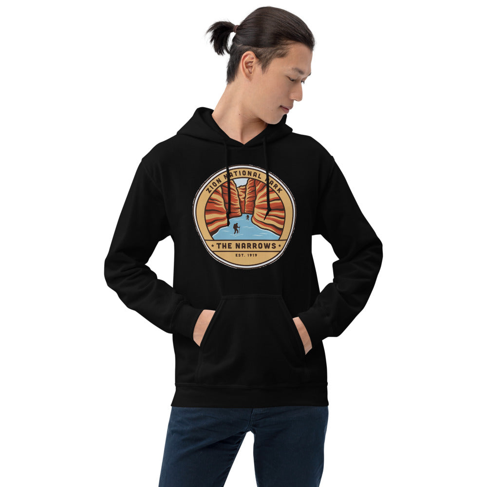 Zion National Park vintage The Narrows canyon badge hoodie in black worn by a man, front view