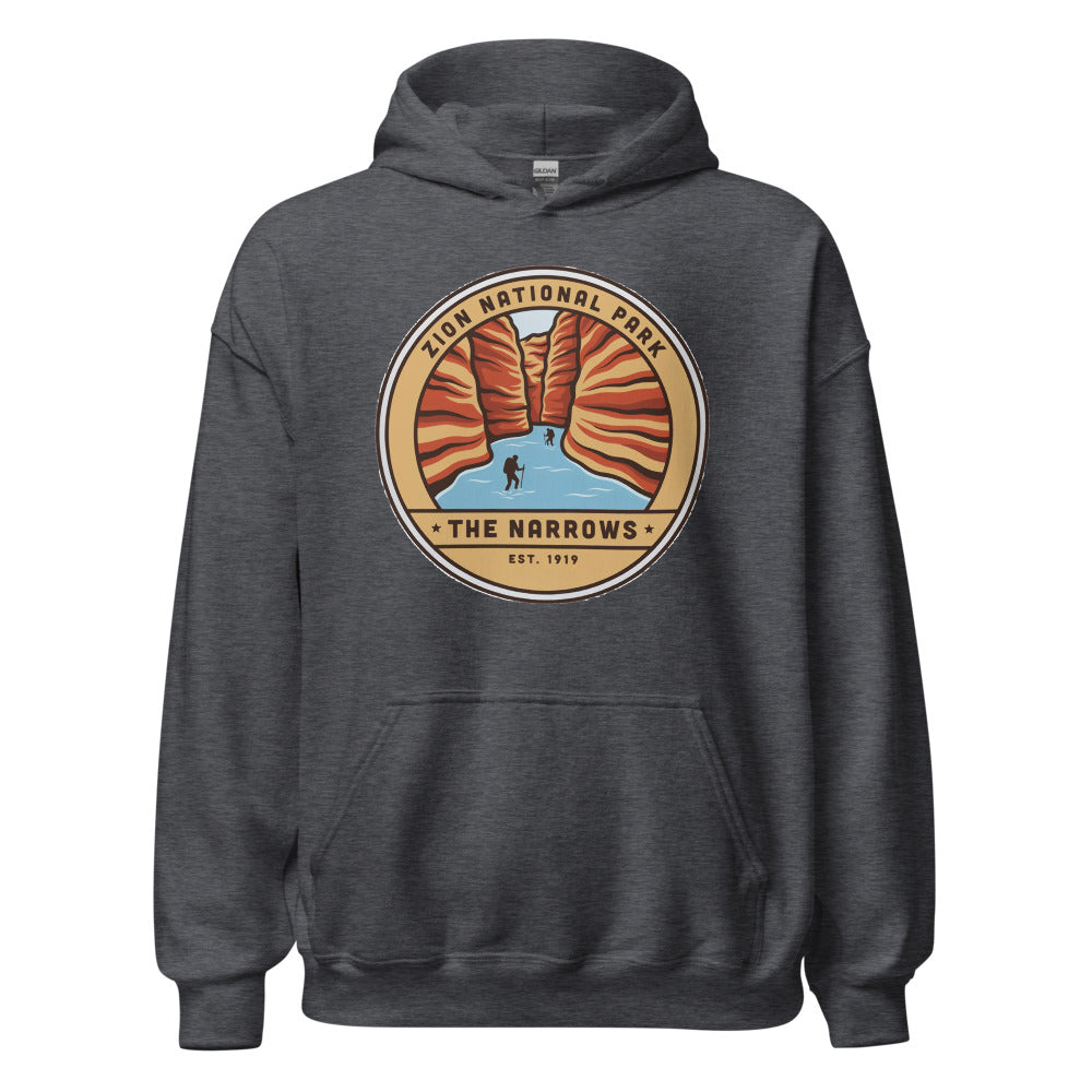 Zion National Park vintage The Narrows canyon badge hoodie in dark heather grey, front view of the heavyweight pullover