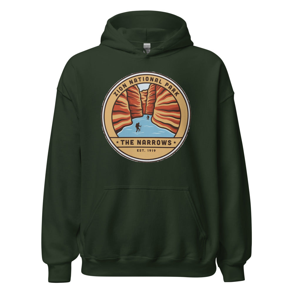 Zion National Park vintage The Narrows canyon badge hoodie in forest green, front view of the heavyweight pullover