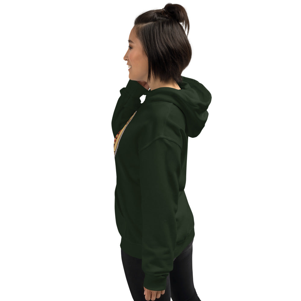 Zion National Park vintage The Narrows canyon badge hoodie in forest green worn by a woman, side angle