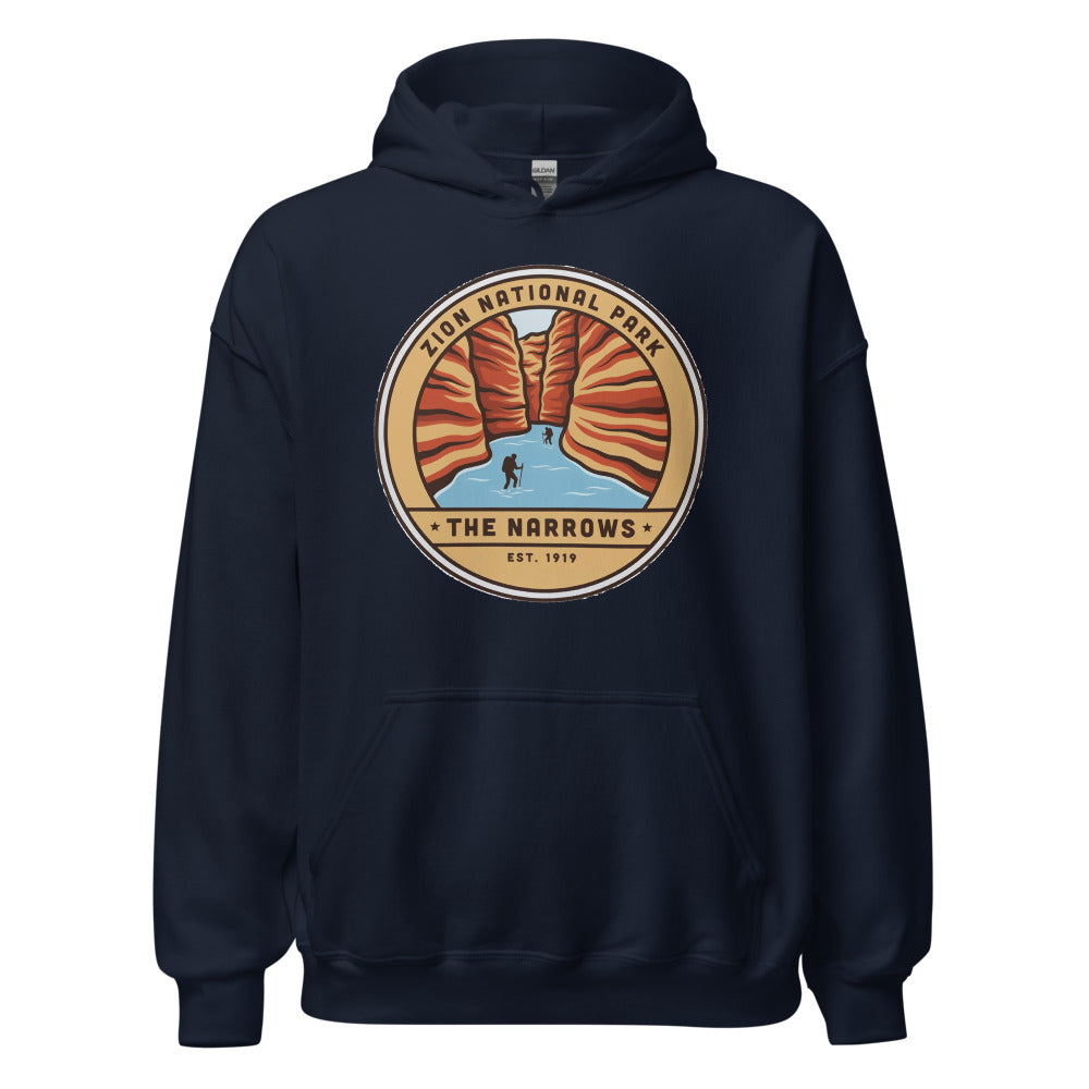 Zion National Park vintage The Narrows canyon badge hoodie in navy, front view of the heavyweight pullover