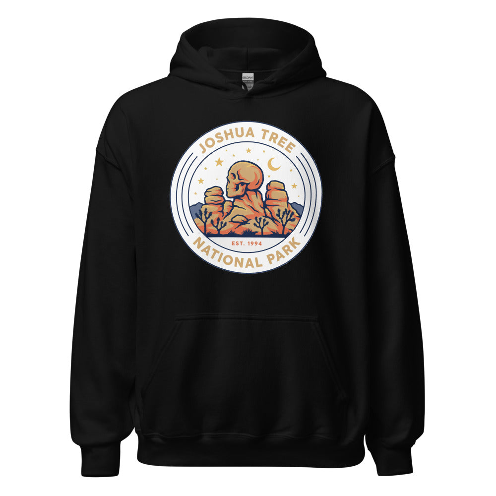 Joshua Tree National Park vintage desert boulders and stars badge hoodie in black, front view of the heavyweight pullover