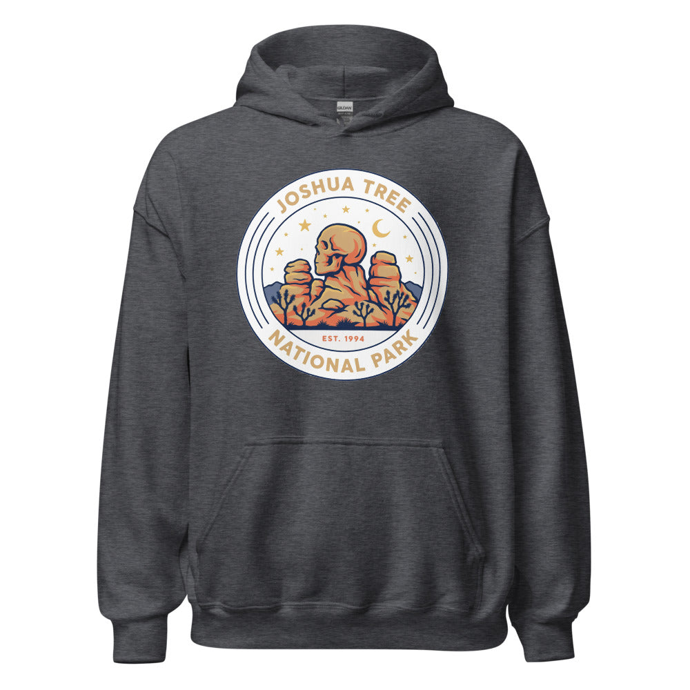 Joshua Tree National Park vintage desert boulders and stars badge hoodie in dark heather grey, front view of the heavyweight pullover