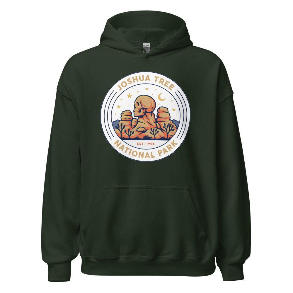 Joshua Tree National Park vintage desert boulders and stars badge hoodie in forest green, front view of the heavyweight pullover