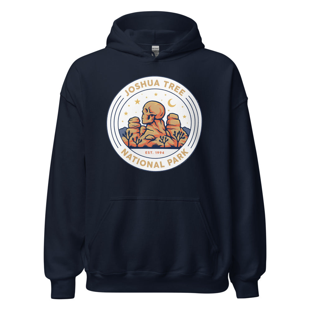 Joshua Tree National Park vintage desert boulders and stars badge hoodie in navy, front view of the heavyweight pullover